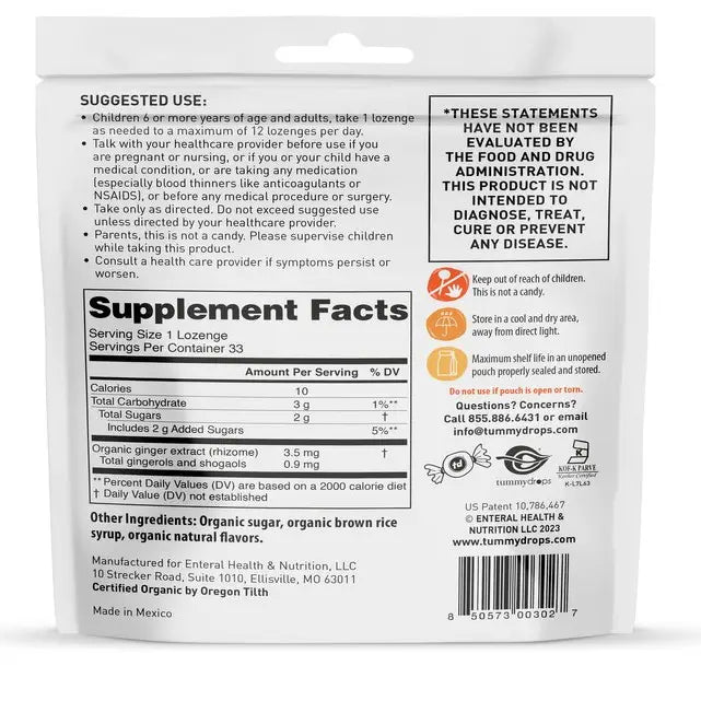 Ginger tummydrops supplement facts panel on product pouch back