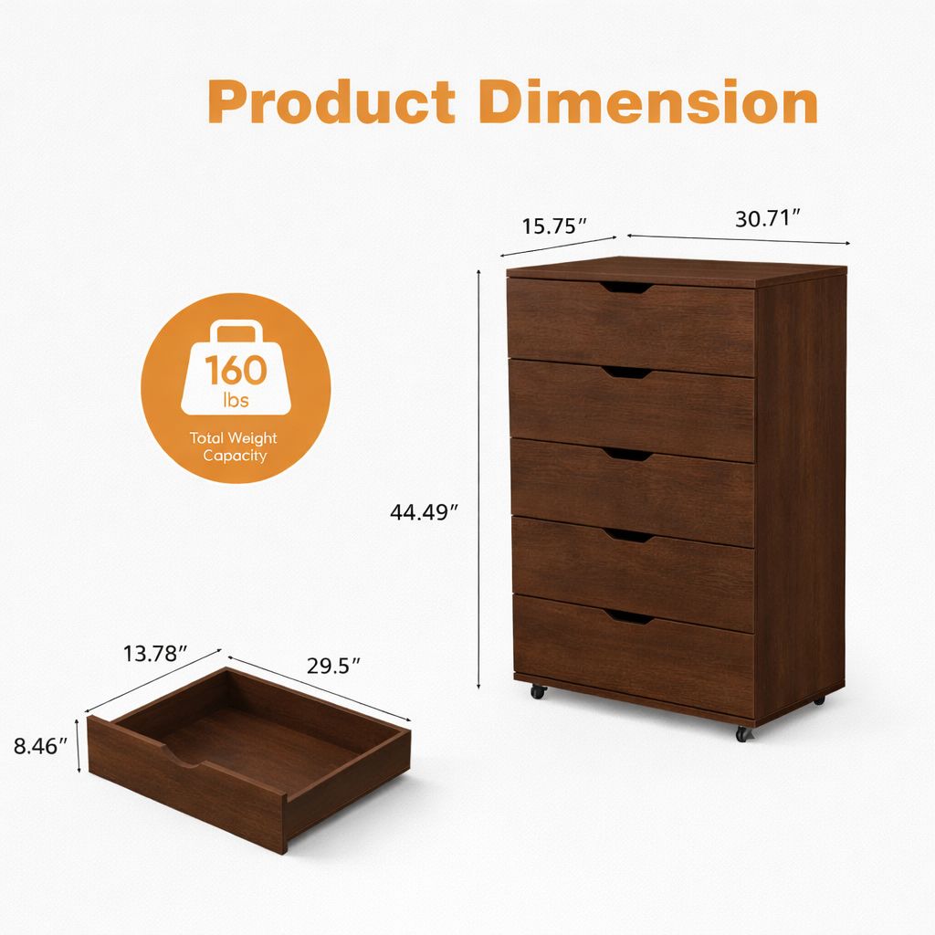Dark brown five-drawer rolling dresser with dimensions and a removable drawer shown