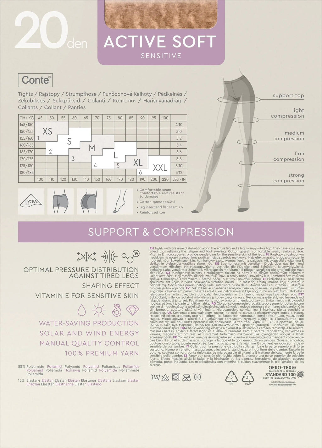 Conte Active Soft 20 den shaping support tights packaging with size and compression chart