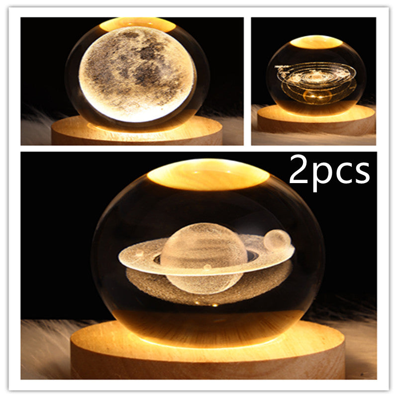 LED galaxy crystal ball table lamp set showing moon globe closeups and Saturn ring light