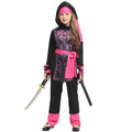 Kids' black-and-pink hooded samurai outfit with tunic, pink sash, sword