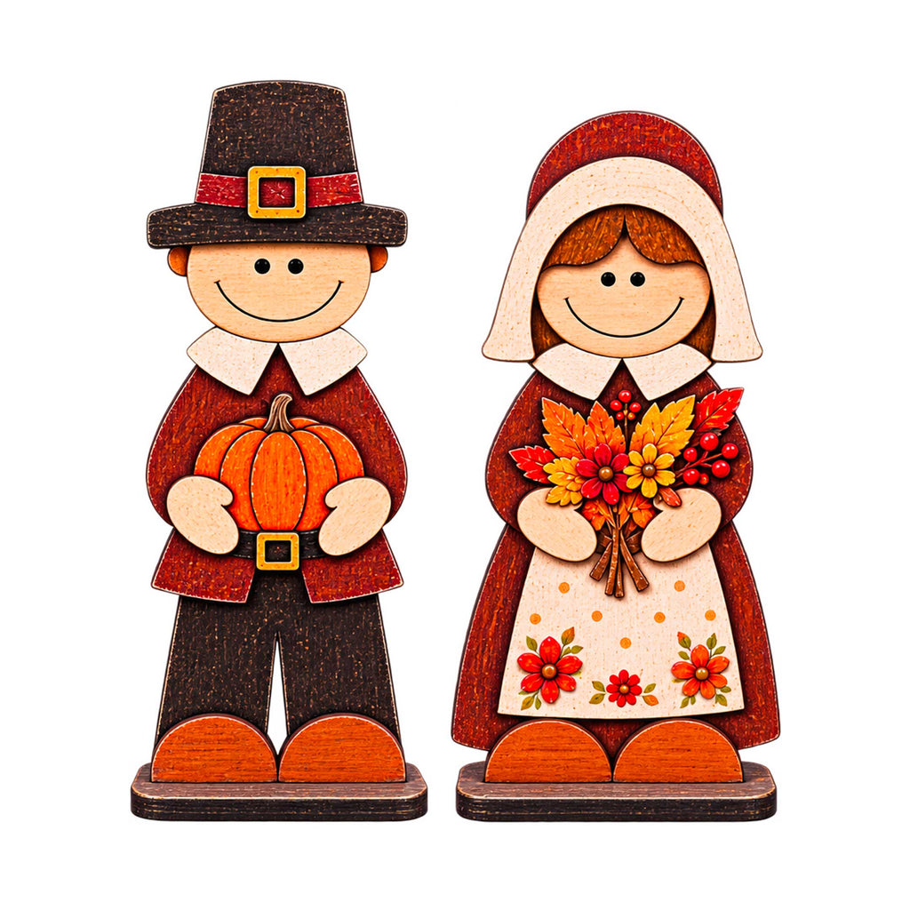 Wooden pilgrim couple tabletop decorations, front view with pumpkin and fall flowers