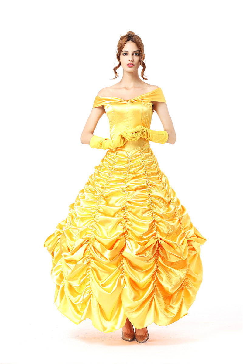 Yellow off-shoulder ruched ball gown with layered ruffle skirt and wrist gloves