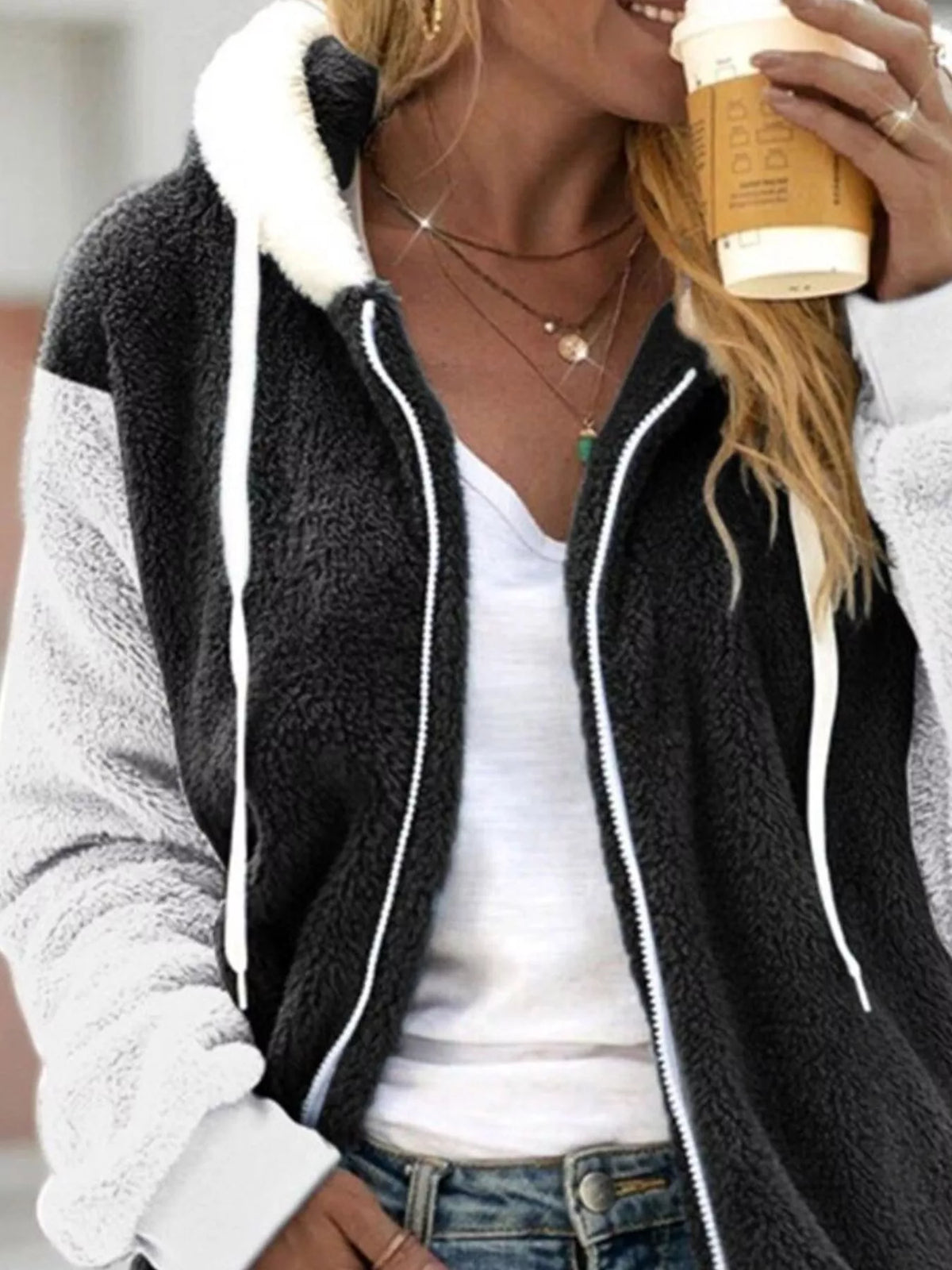 Plus-size fleece zip-up hooded outerwear, black with white sherpa collar and full zip