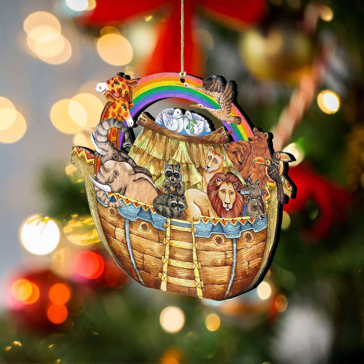 Hanging Noah’s Ark wooden ornament with rainbow and featured animals in a round scene