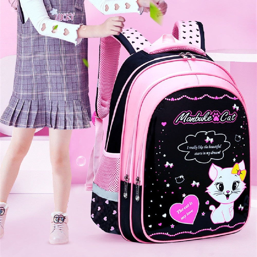 Kids school backpack in pink and black with cute cat print and front zipper pockets