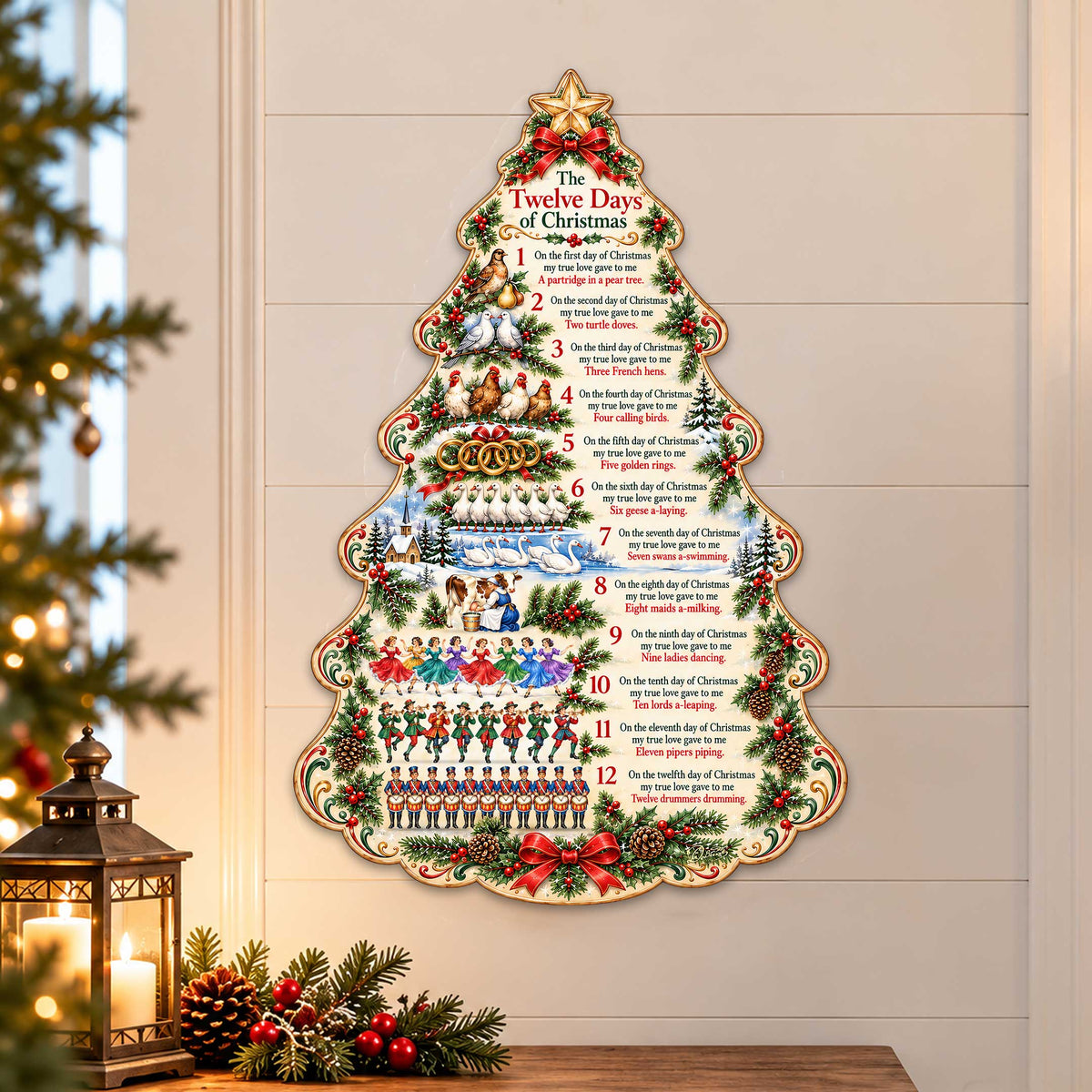 Christmas wooden door hanger shaped like a decorated tree with gold star top