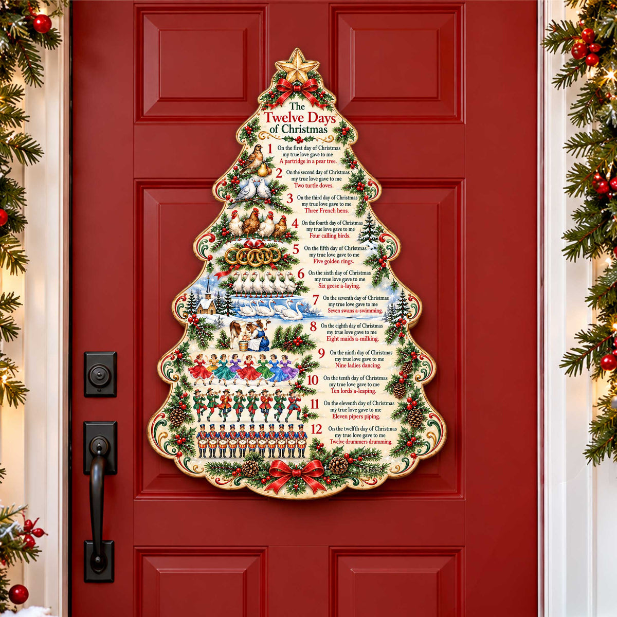 Christmas tree wooden door hanger with illustrated scenes and numbered days of Christmas