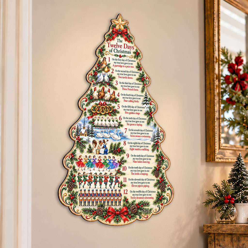 Decorated Christmas tree wooden wall door hanger with gold star and red bow