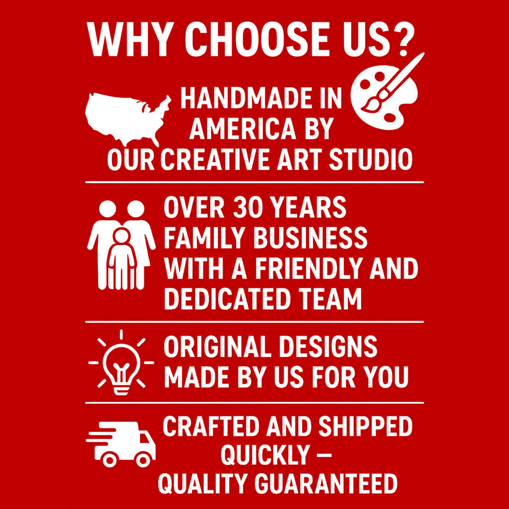 Red promotional graphic reading “WHY CHOOSE US?” and “HANDMADE IN AMERICA”