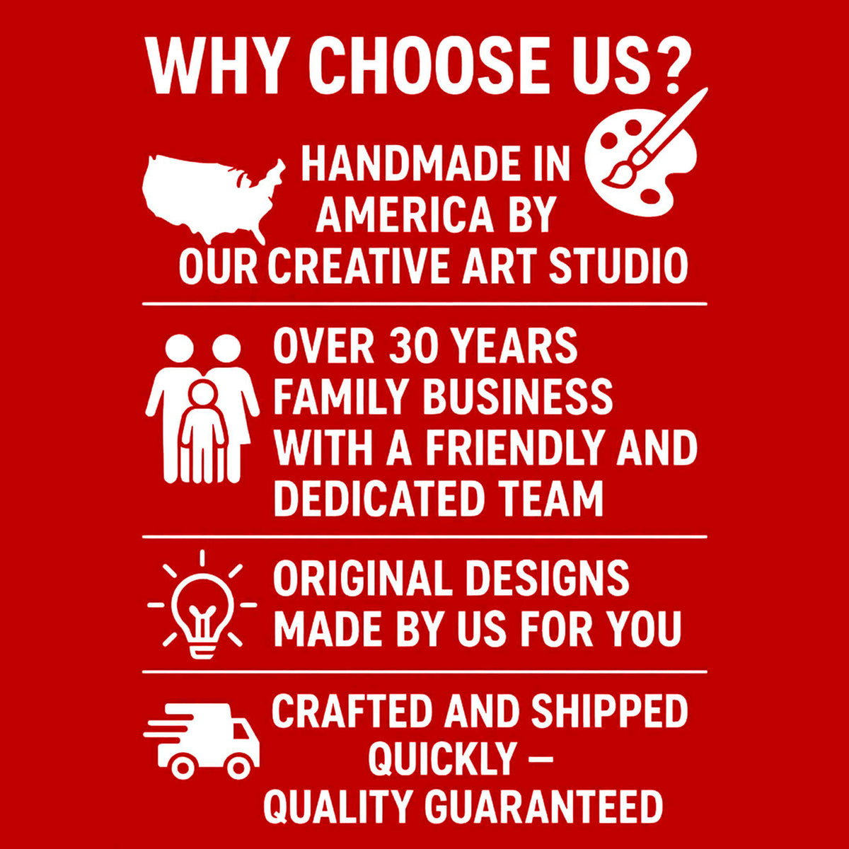 Red promotional graphic reading “WHY CHOOSE US?” and “HANDMADE IN AMERICA”