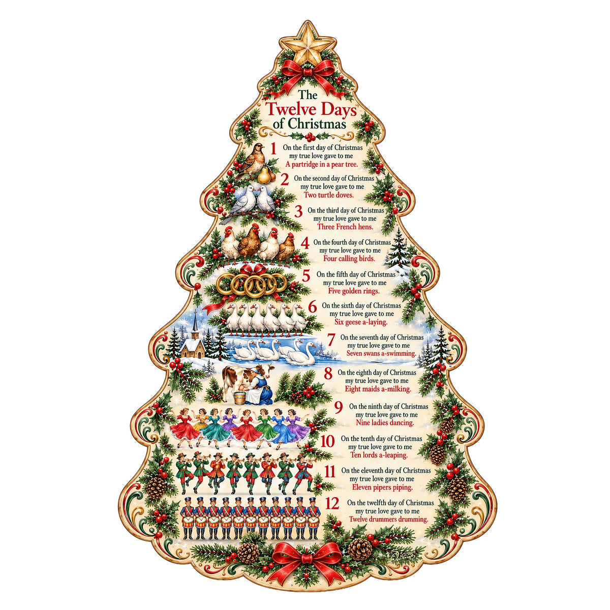 Christmas wooden door hanger tree with illustrated calendar and “Twelve Days of Christmas”