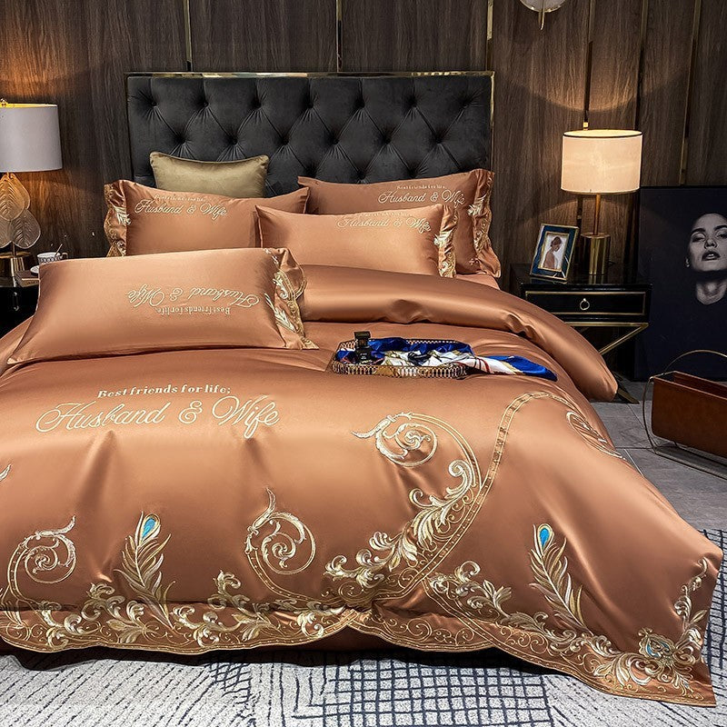 Ice Silk quilt bed sheet set, champagne satin with gold filigree scroll embroidery