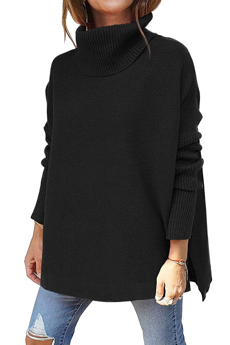 Women's black turtleneck sweater tunic, batwing sleeves and slit hem