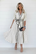 White polka dot midi button-down dress with scalloped trim, tie waist, 3/4 sleeves