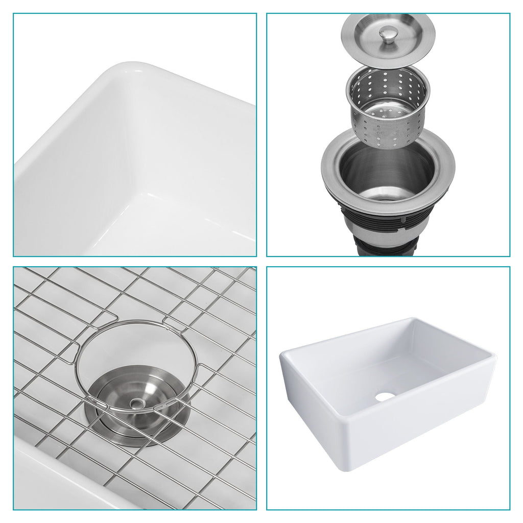 White ceramic single-bowl sink details: smooth basin, drain assembly, and bottom rack grid