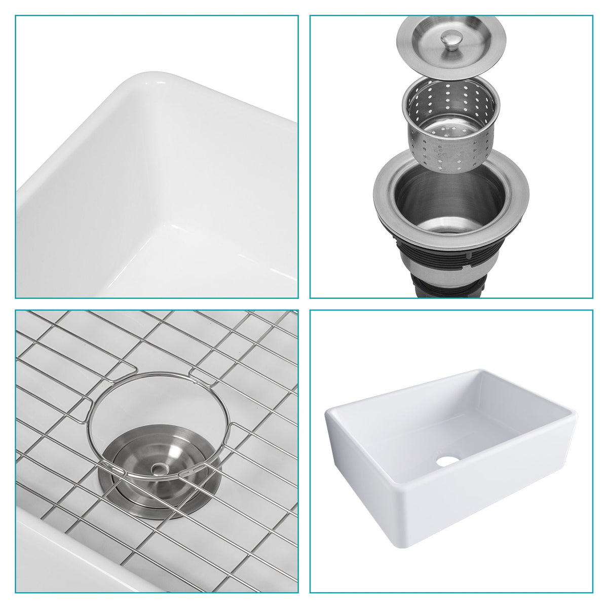 White ceramic single-bowl sink details: smooth basin, drain assembly, and bottom rack grid