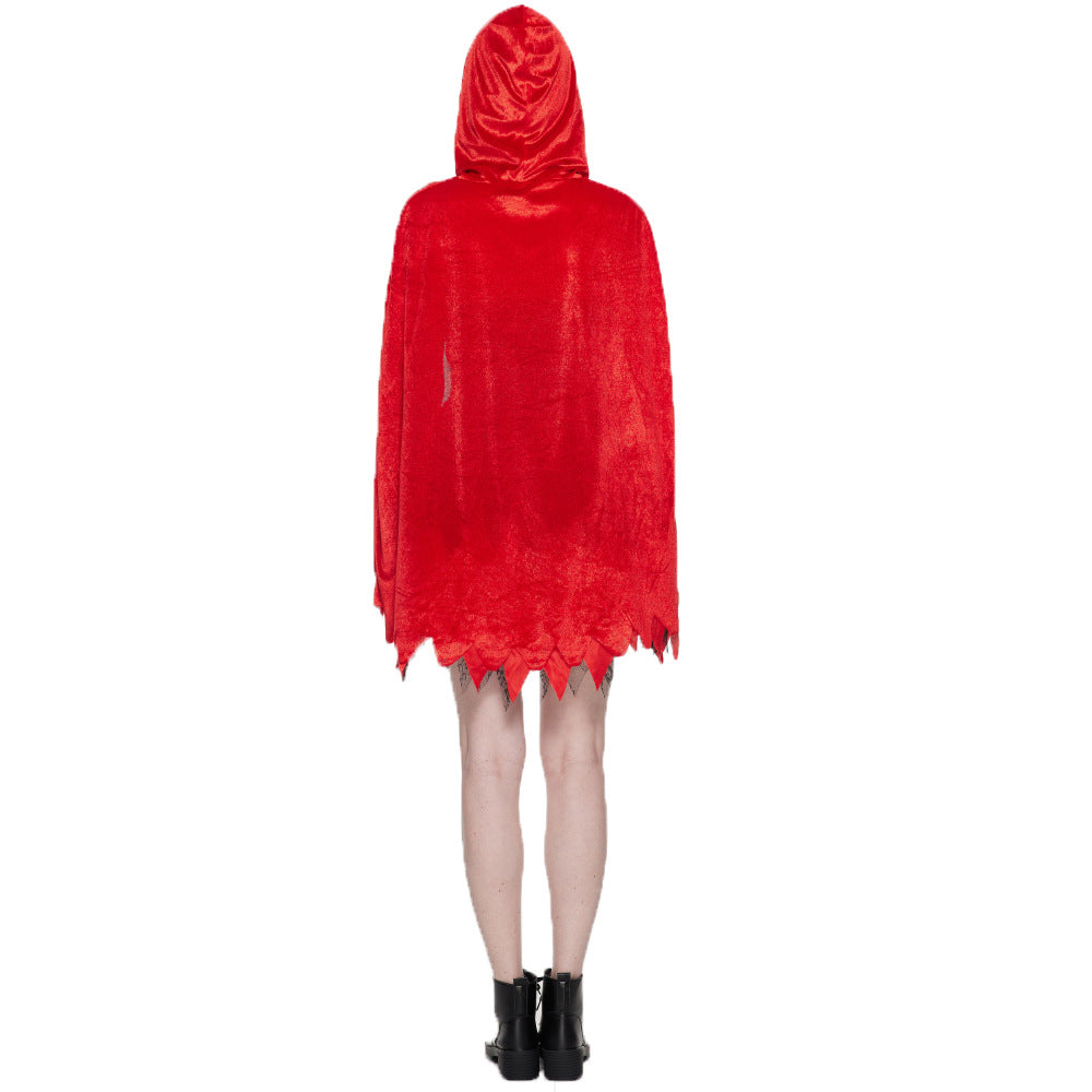 Red hooded cape dress, back view with jagged hem and fringe