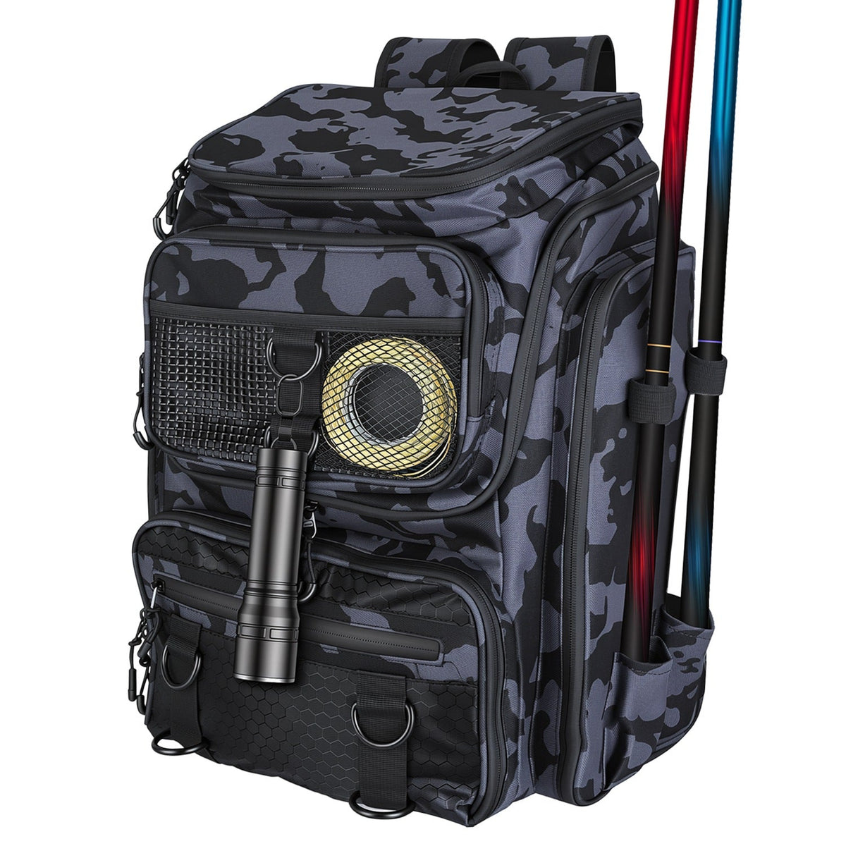 Camo fishing tackle backpack with rod holders and front mesh organizer pocket