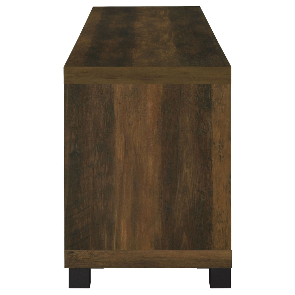 Dark pine TV stand with raised end panel and black legs