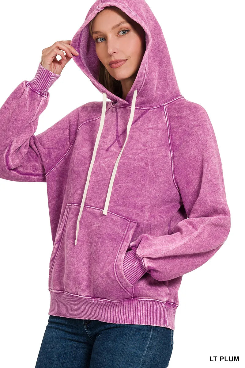 Light plum acid-wash hoodie with drawstring hood, kangaroo pocket, ribbed cuffs