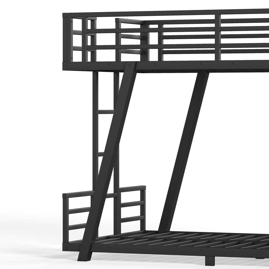 Side view of black metal bunk bed frame showing ladders and angled support legs