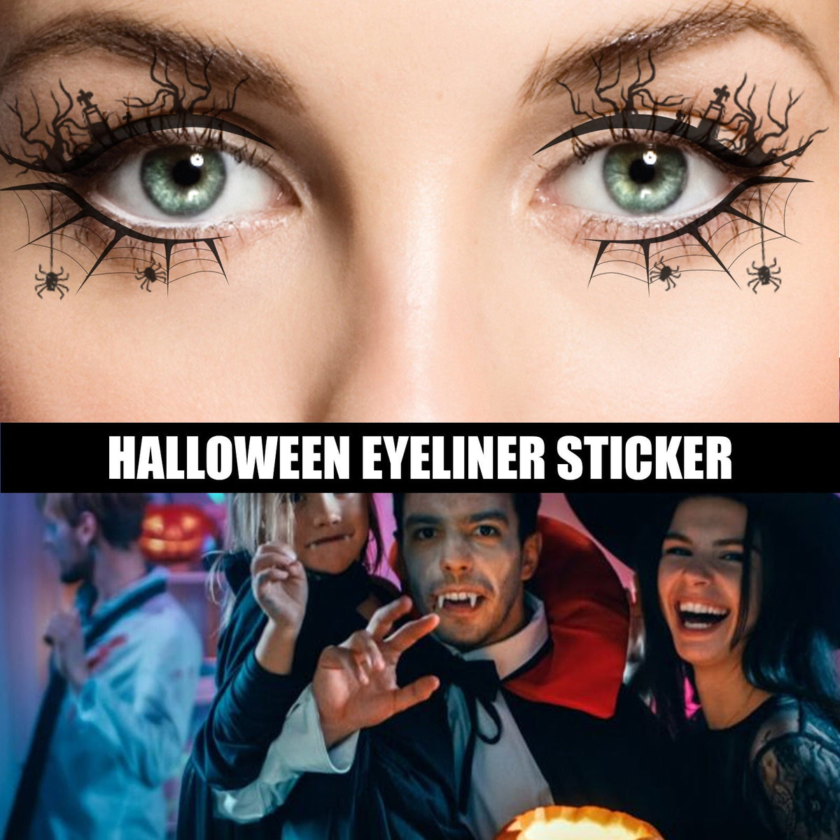 Halloween eyelid eyeliner sticker on eyes, black bat-and-spider web lash outline