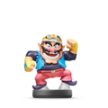 Wario amiibo figure in blue jacket, red pants, yellow hat, gray base