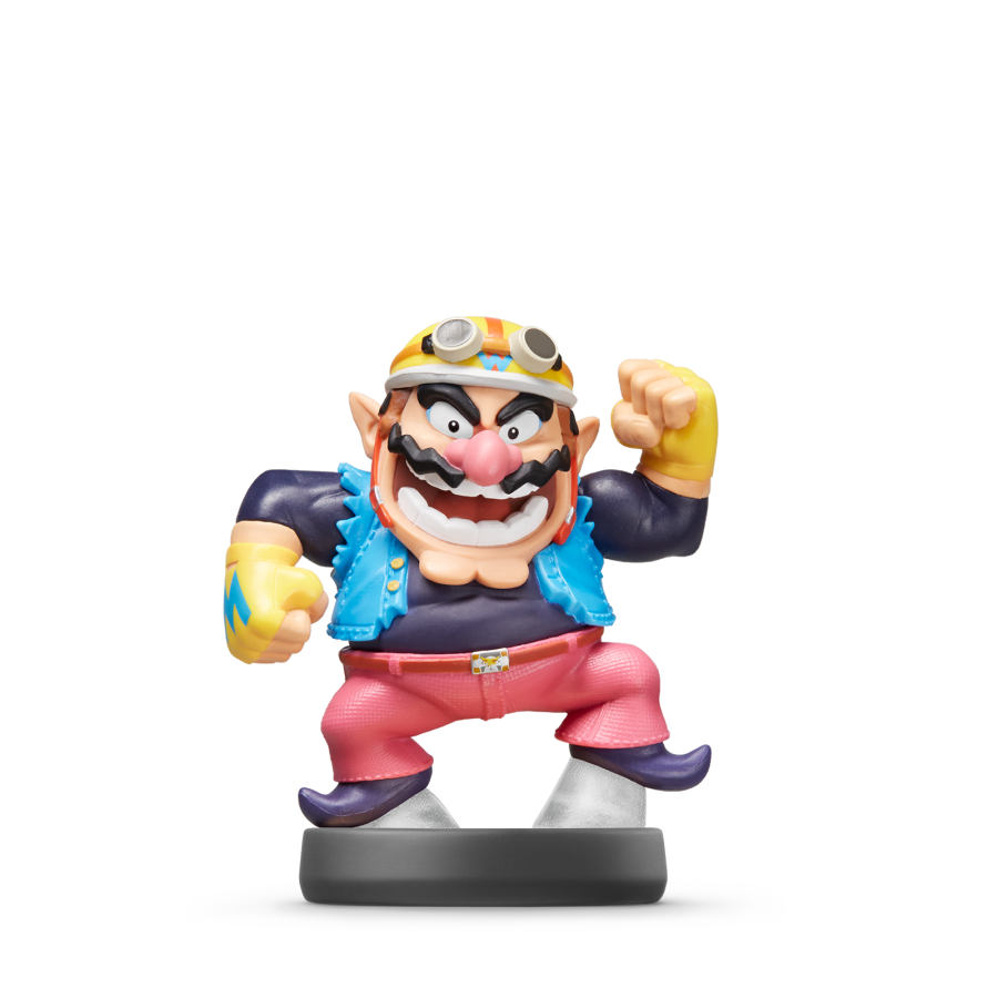Wario amiibo figure in blue jacket, red pants, yellow hat, gray base