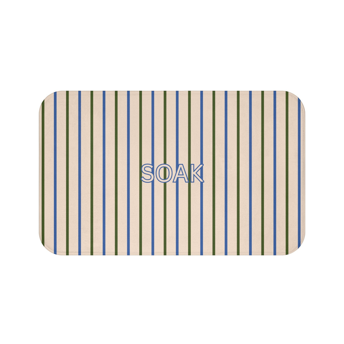 Striped bath mat with vertical blue, green, and beige stripes and rounded rectangle shape