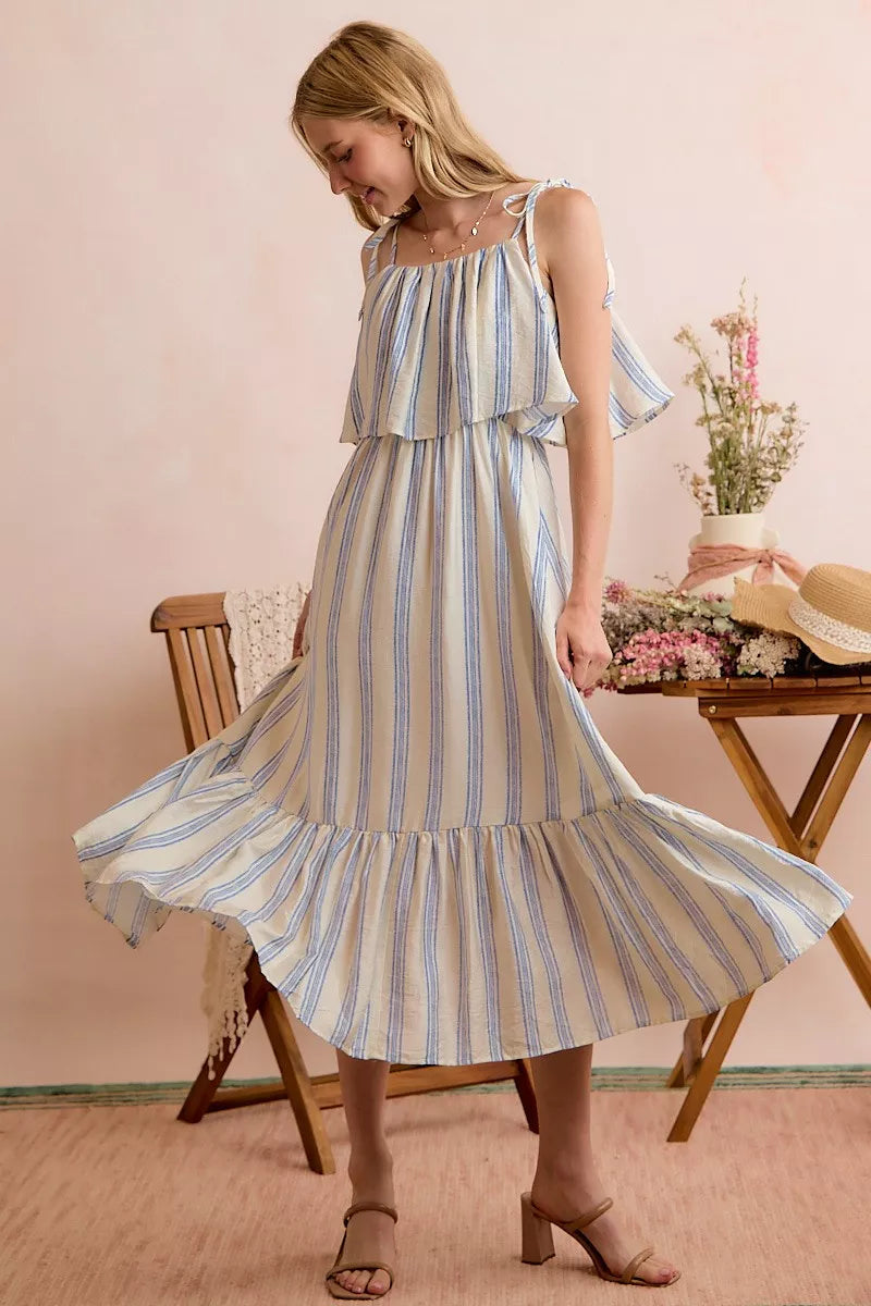 Blue-and-white striped tiered midi dress with ruffle bodice and wide tiered skirt hem