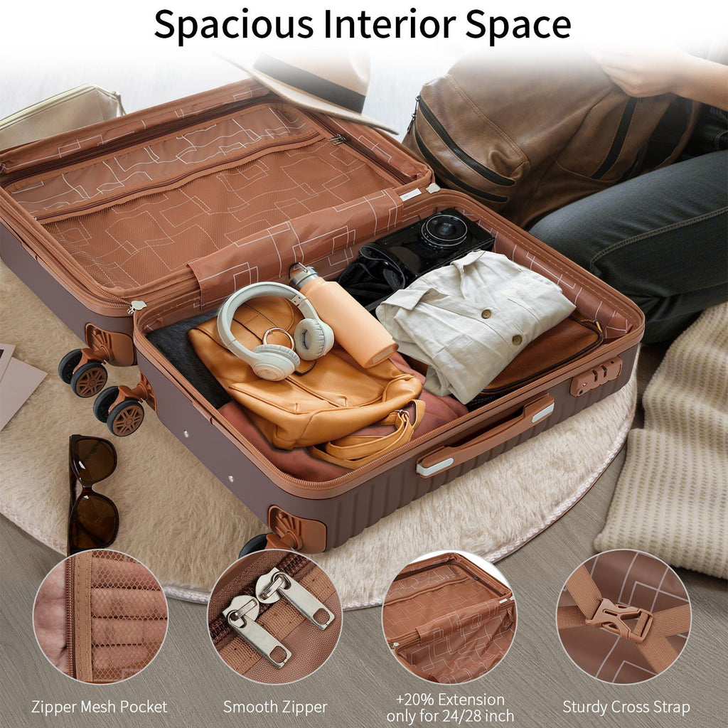 Open hard-shell suitcase interior with zipper mesh pocket and cross strap