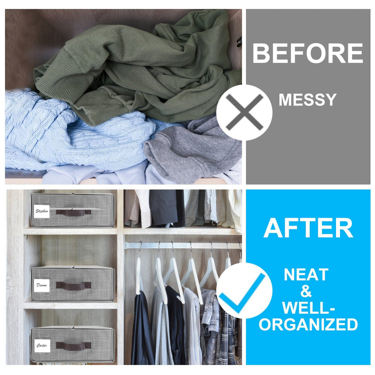 Foldable gray bedding organizer bins, neatly arranged, with front label slots and handles