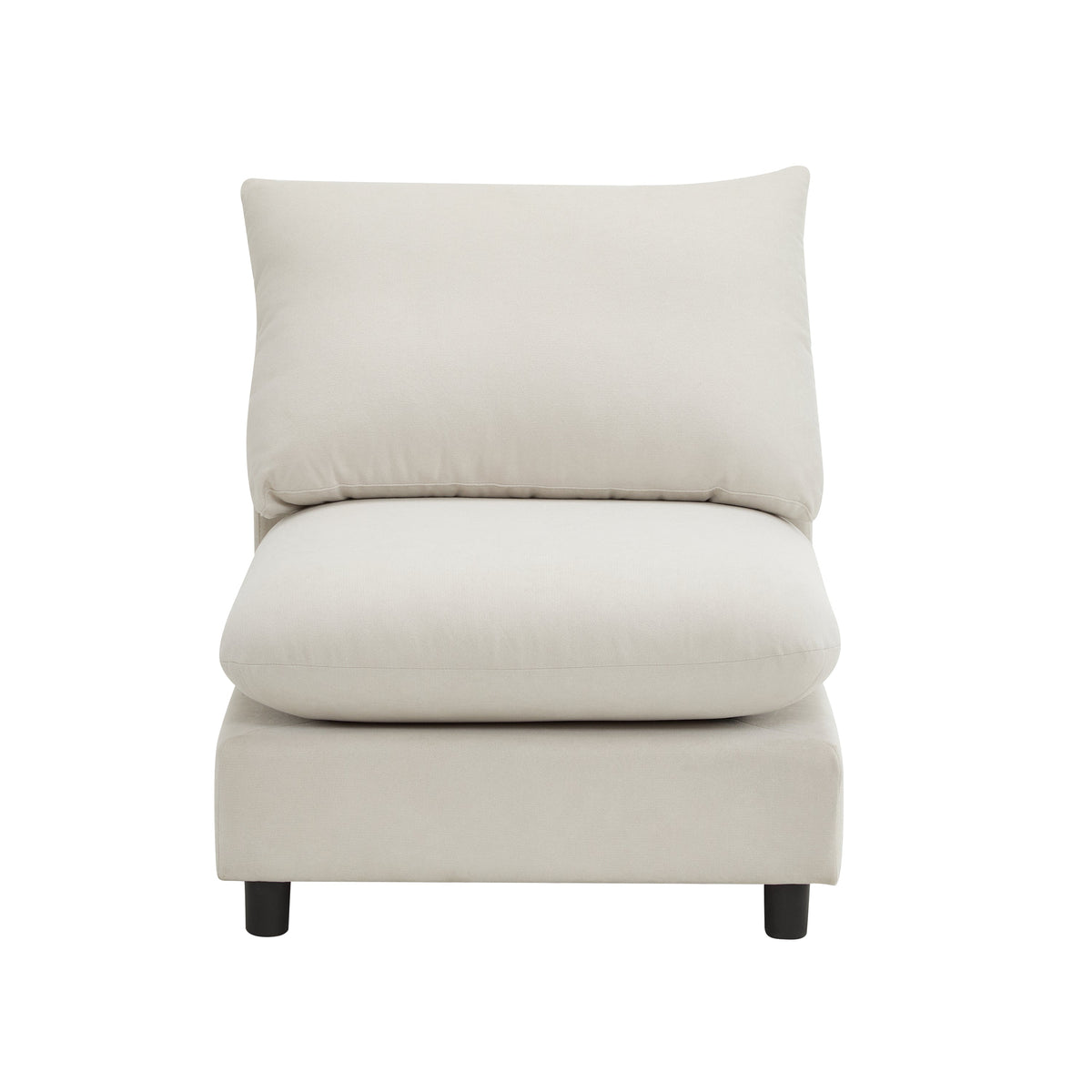 White sectional sofa corner chair with tall back pillow and low rounded seat
