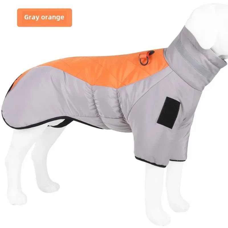 Gray and orange dog winter jacket with gray neck band and chest patch