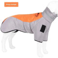 Gray and orange dog winter jacket with gray neck band and chest patch