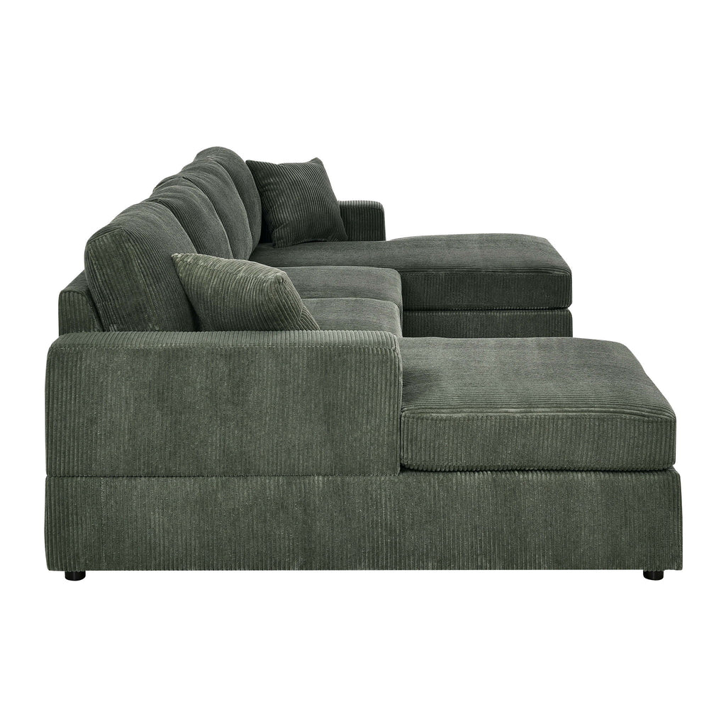 Dark green corduroy double chaise sectional sofa with chaise ottoman seat