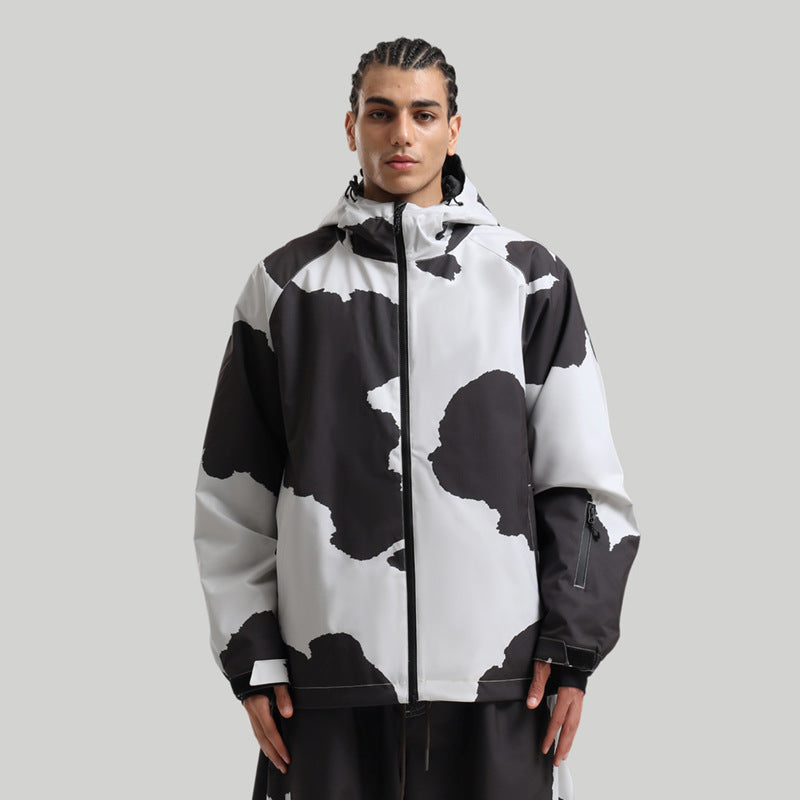 Women's black-and-white patterned ski suit jacket with hood and front zipper