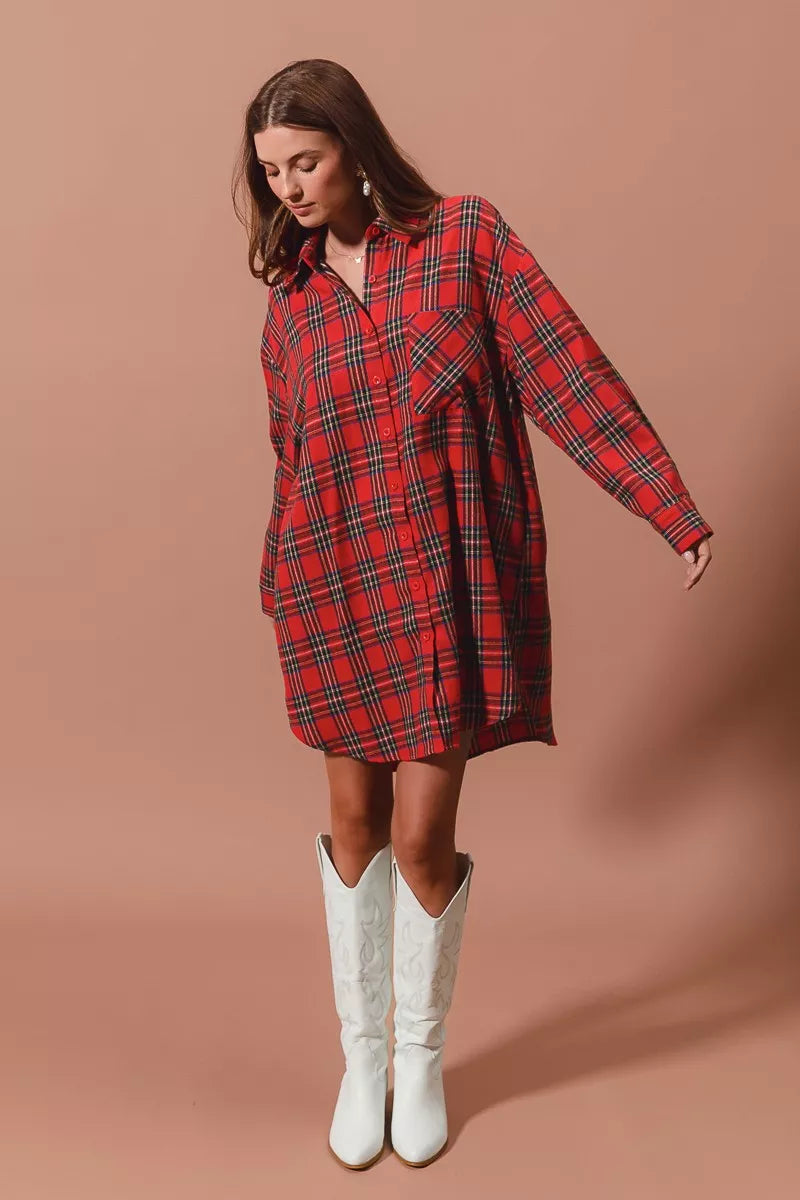 Red plaid button-up shirt dress with collar, long sleeves, side view