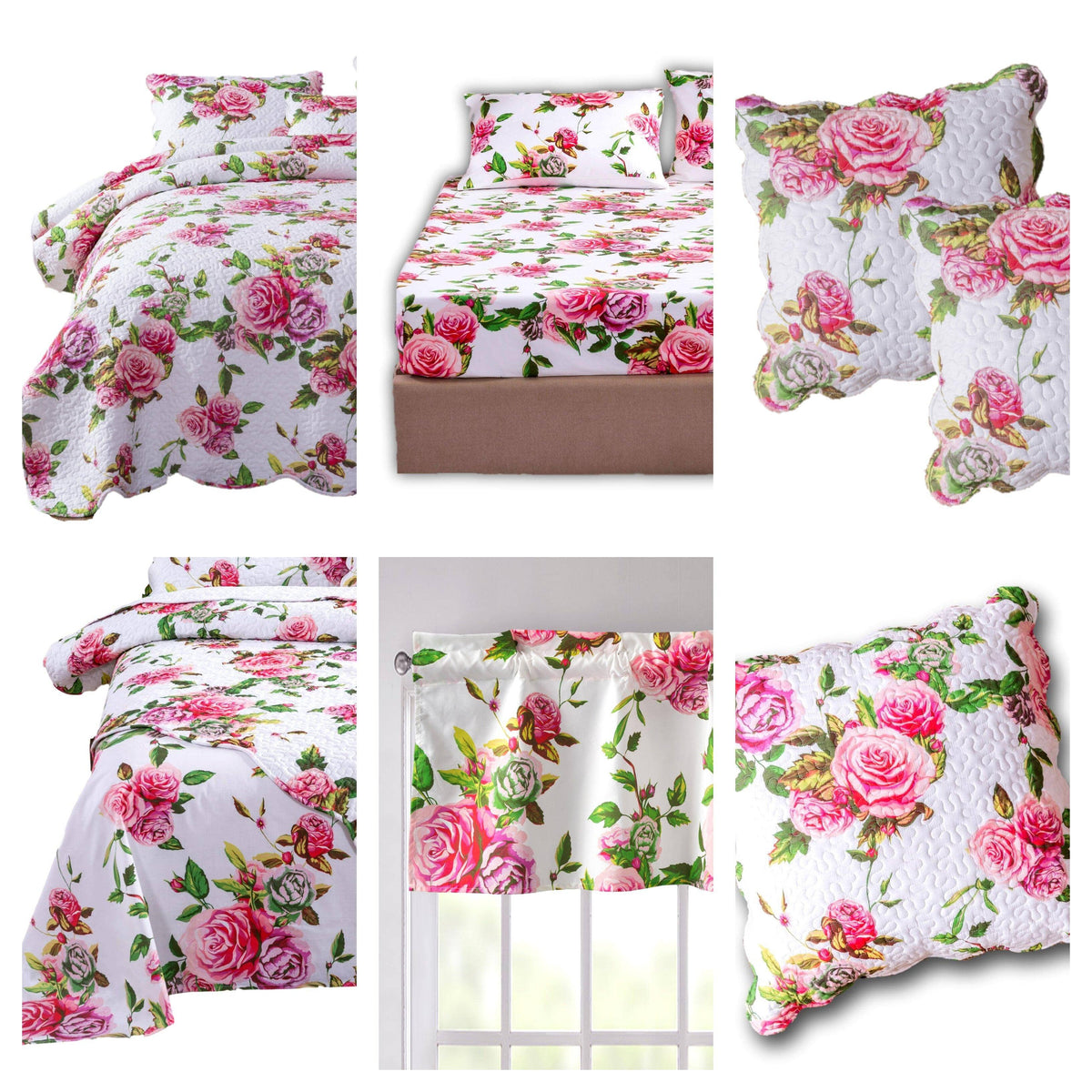 Floral bed comforter set with pink roses on white base and matching pillow