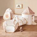 Star-print play tunnel set with three connected sections and mesh openings, light beige and white
