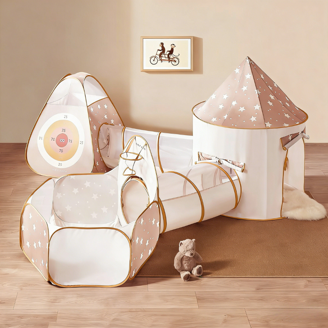 Star-print play tunnel set with three connected sections and mesh openings, light beige and white