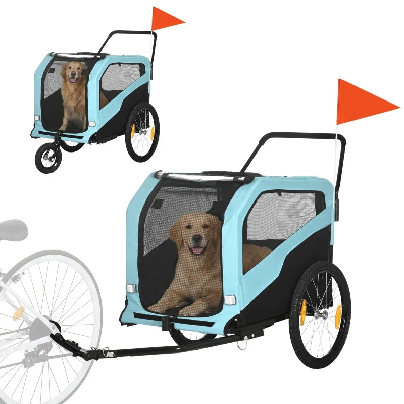 Blue 2-in-1 dog bike trailer stroller carrier with mesh panels, dog inside, and bike hitch