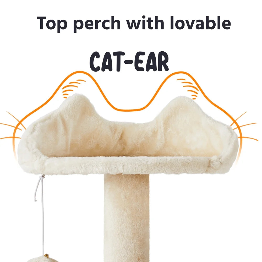 Plush cat tree top perch with raised cat-ear shape and dangling ball