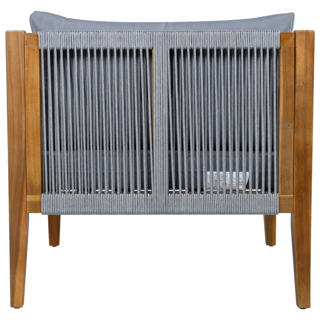 Rope-woven backrest with dark gray cushion on acacia wood outdoor chair
