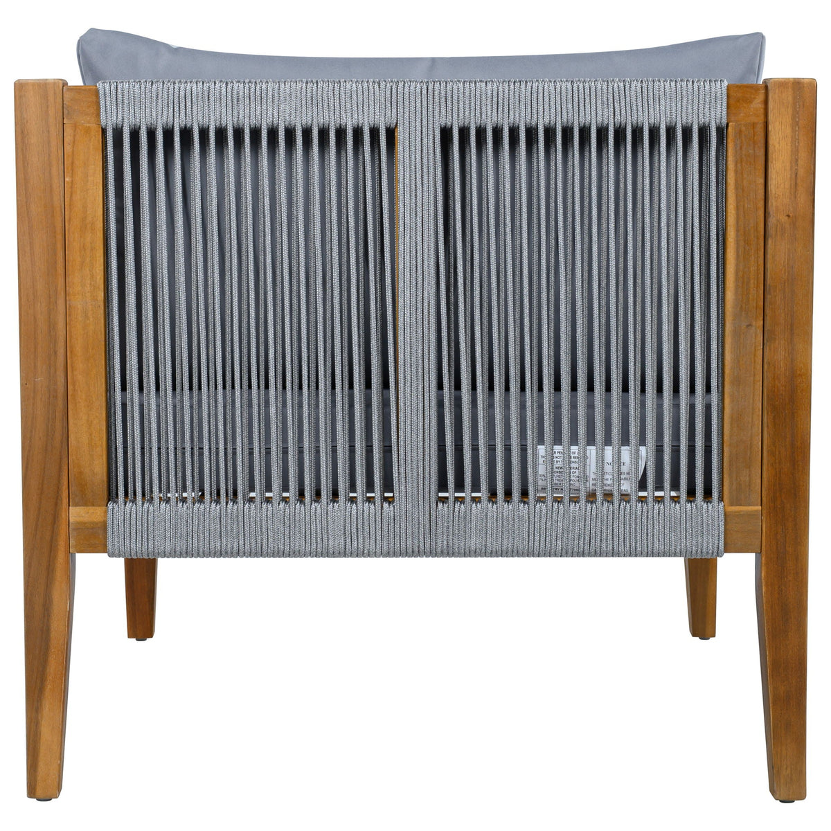 Rope-woven backrest with dark gray cushion on acacia wood outdoor chair