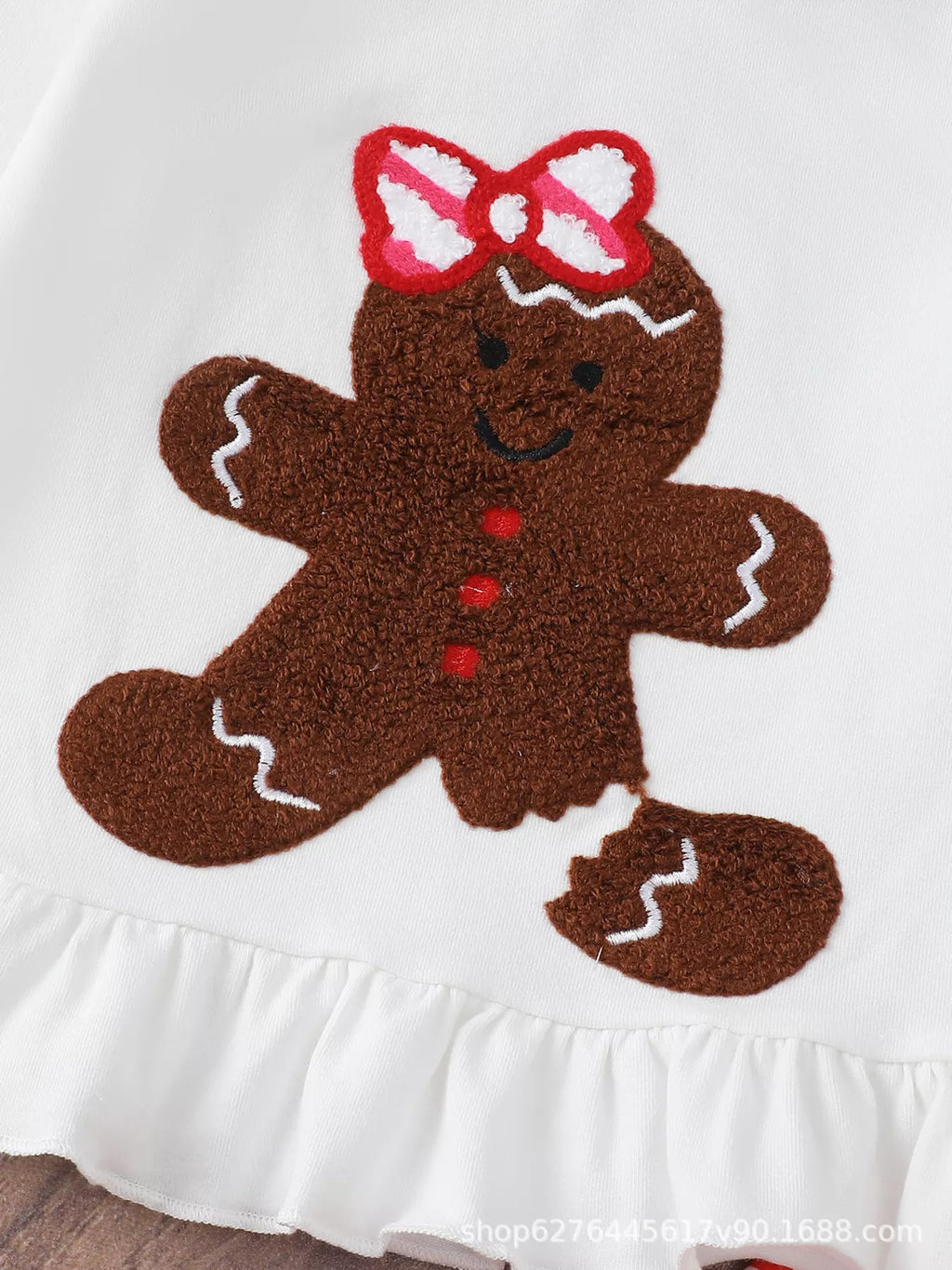 Children's Christmas ruffle-trim set: brown gingerbread applique top with white ruffle hem