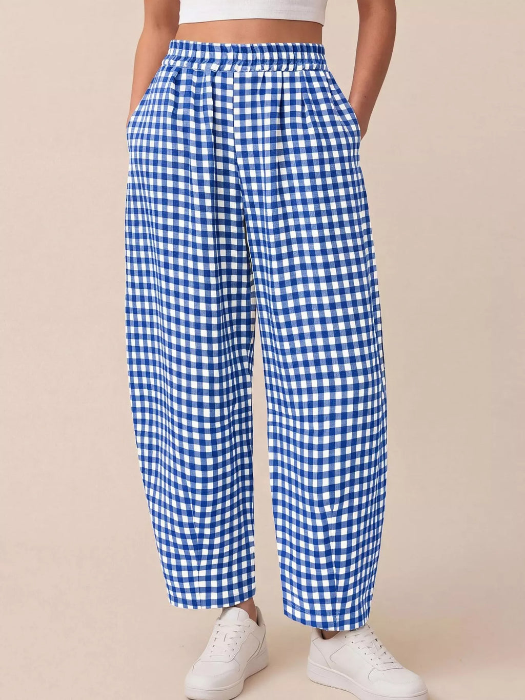 Blue gingham wide-leg pants with elastic waist and roomy draped straight legs