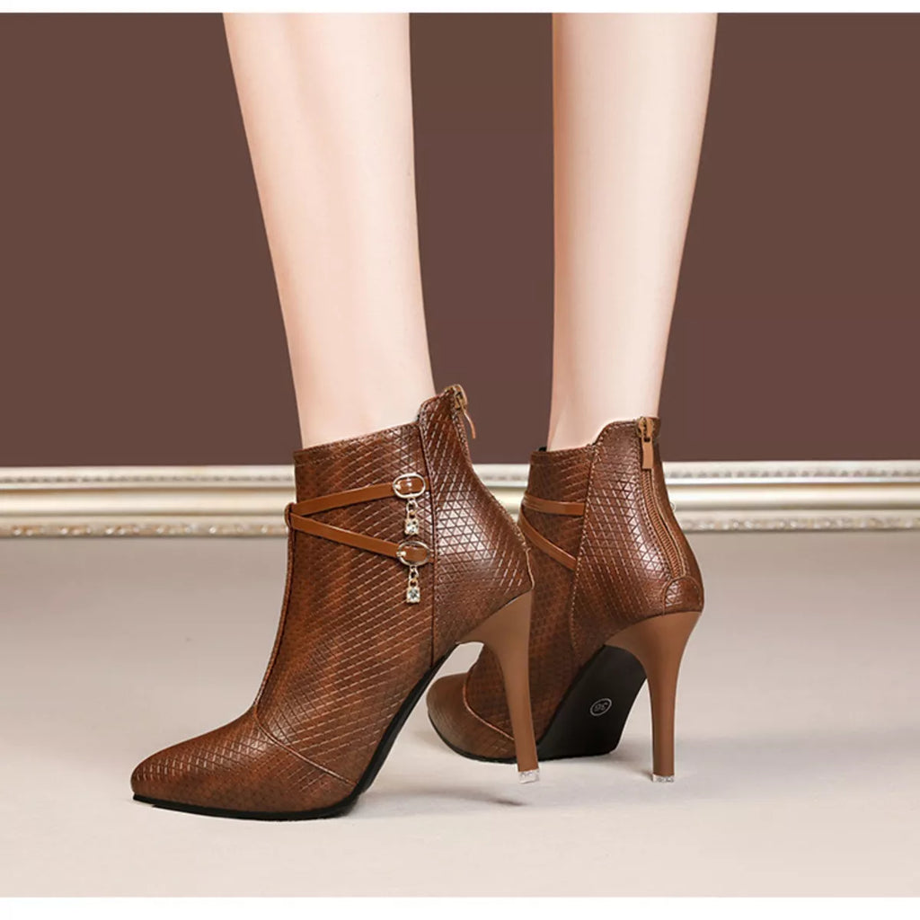 Coffee pointed-toe ankle boots with stiletto heel, textured upper and side chain charm