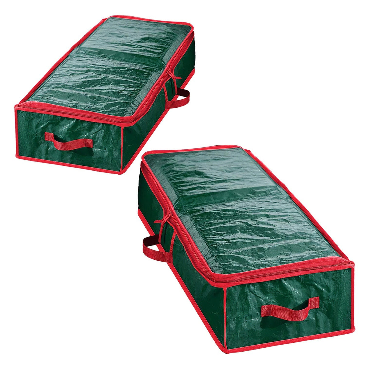 Foldable green gift wrap storage container with red zipper trim and carry handle